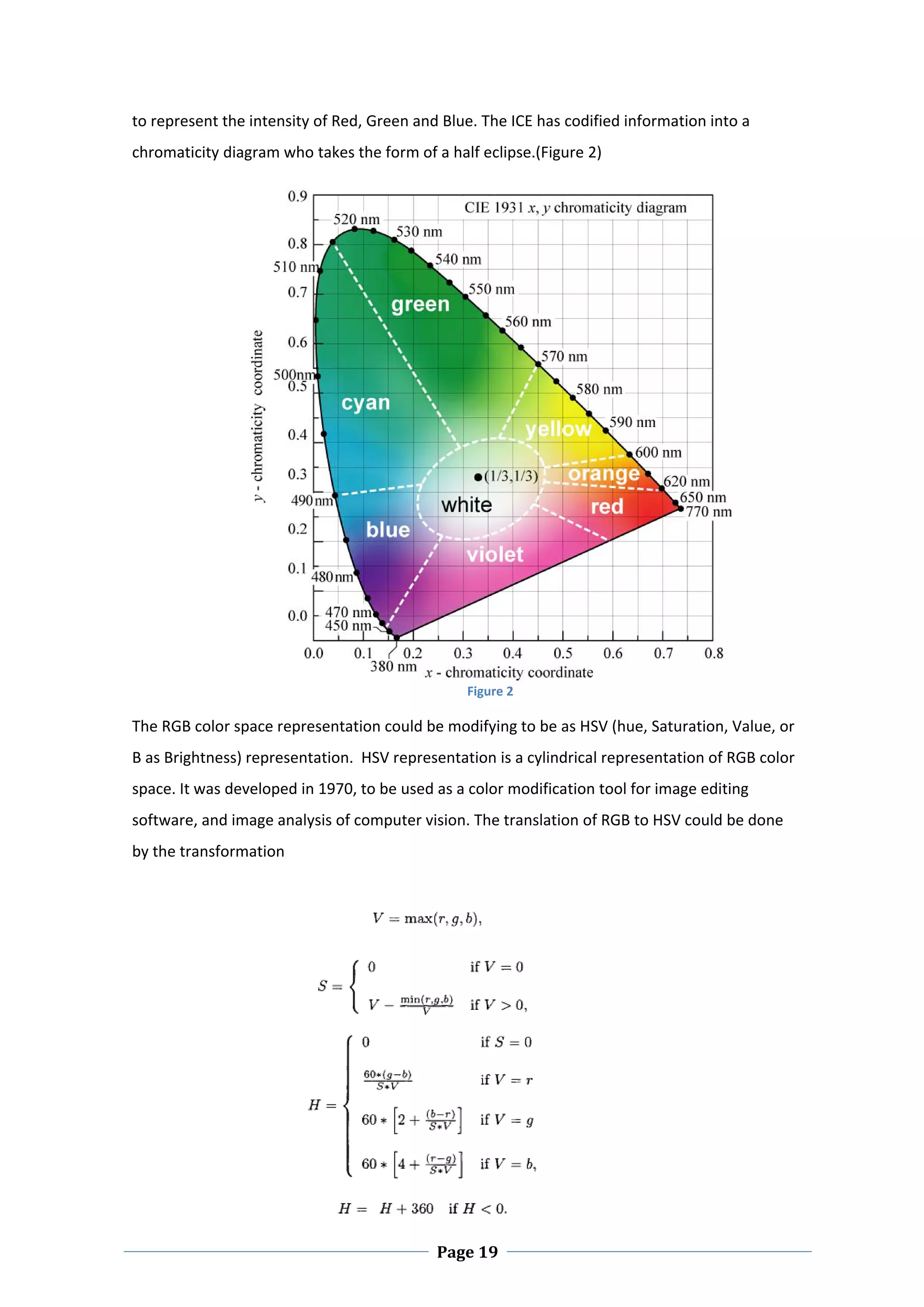 to represent the intensity of Red, Green and Blue. The ICE has codified information into a 
chromaticity diagram who takes the form of a half eclipse.(Figure 2)  

 

 

 

 

 

 

 

 

 

 

 
                                                 Figure 2

The RGB color space representation could be modifying to be as HSV (hue, Saturation, Value, or 
B as Brightness) representation.  HSV representation is a cylindrical representation of RGB color 
space. It was developed in 1970, to be used as a color modification tool for image editing 
software, and image analysis of computer vision. The translation of RGB to HSV could be done 
by the transformation  

 

 

 

 




 
                                            Page 19
 
 