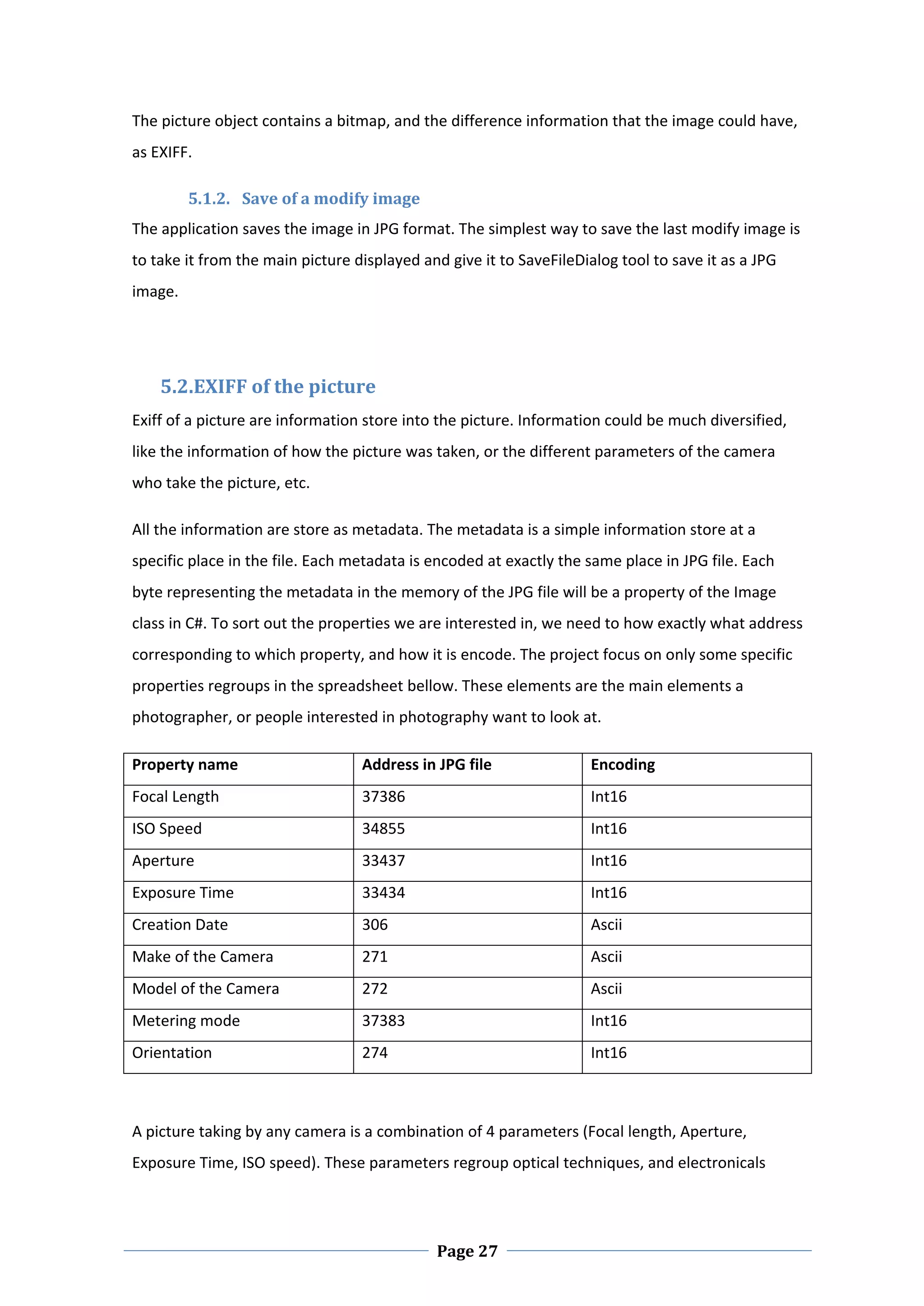 The picture object contains a bitmap, and the difference information that the image could have, 
as EXIFF. 

          5.1.2. Save of a modify image 
The application saves the image in JPG format. The simplest way to save the last modify image is 
to take it from the main picture displayed and give it to SaveFileDialog tool to save it as a JPG 
image. 

  

     5.2.EXIFF of the picture 
Exiff of a picture are information store into the picture. Information could be much diversified, 
like the information of how the picture was taken, or the different parameters of the camera 
who take the picture, etc.  

All the information are store as metadata. The metadata is a simple information store at a 
specific place in the file. Each metadata is encoded at exactly the same place in JPG file. Each 
byte representing the metadata in the memory of the JPG file will be a property of the Image 
class in C#. To sort out the properties we are interested in, we need to how exactly what address 
corresponding to which property, and how it is encode. The project focus on only some specific 
properties regroups in the spreadsheet bellow. These elements are the main elements a 
photographer, or people interested in photography want to look at.  

Property name                     Address in JPG file                Encoding 
Focal Length                      37386                              Int16 
ISO Speed                         34855                              Int16 
Aperture                          33437                              Int16 
Exposure Time                     33434                              Int16 
Creation Date                     306                                Ascii 
Make of the Camera                271                                Ascii 
Model of the Camera               272                                Ascii 
Metering mode                     37383                              Int16 
Orientation                       274                                Int16 
  

A picture taking by any camera is a combination of 4 parameters (Focal length, Aperture, 
Exposure Time, ISO speed). These parameters regroup optical techniques, and electronicals 



 
                                              Page 27
 
 