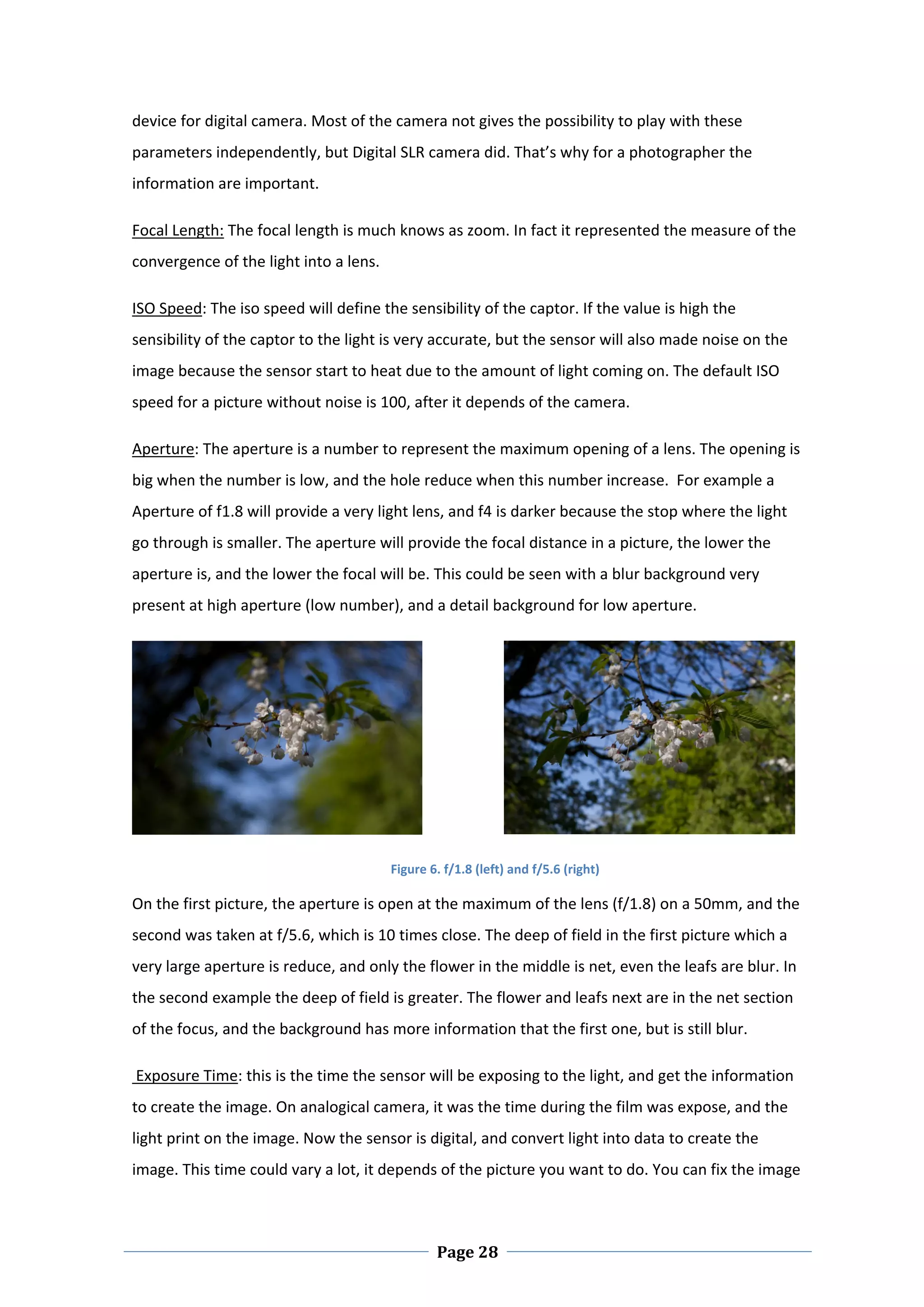 device for digital camera. Most of the camera not gives the possibility to play with these 
parameters independently, but Digital SLR camera did. That’s why for a photographer the 
information are important.  

Focal Length: The focal length is much knows as zoom. In fact it represented the measure of the 
convergence of the light into a lens.  

ISO Speed: The iso speed will define the sensibility of the captor. If the value is high the 
sensibility of the captor to the light is very accurate, but the sensor will also made noise on the 
image because the sensor start to heat due to the amount of light coming on. The default ISO 
speed for a picture without noise is 100, after it depends of the camera.  

Aperture: The aperture is a number to represent the maximum opening of a lens. The opening is 
big when the number is low, and the hole reduce when this number increase.  For example a 
Aperture of f1.8 will provide a very light lens, and f4 is darker because the stop where the light 
go through is smaller. The aperture will provide the focal distance in a picture, the lower the 
aperture is, and the lower the focal will be. This could be seen with a blur background very 
present at high aperture (low number), and a detail background for low aperture.  




                                                 

                                          Figure 6. f/1.8 (left) and f/5.6 (right) 

On the first picture, the aperture is open at the maximum of the lens (f/1.8) on a 50mm, and the 
second was taken at f/5.6, which is 10 times close. The deep of field in the first picture which a 
very large aperture is reduce, and only the flower in the middle is net, even the leafs are blur. In 
the second example the deep of field is greater. The flower and leafs next are in the net section 
of the focus, and the background has more information that the first one, but is still blur.  

 Exposure Time: this is the time the sensor will be exposing to the light, and get the information 
to create the image. On analogical camera, it was the time during the film was expose, and the 
light print on the image. Now the sensor is digital, and convert light into data to create the 
image. This time could vary a lot, it depends of the picture you want to do. You can fix the image 



 
                                                    Page 28
 
 