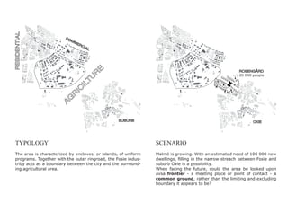 RESIDENTIAL


                         CO
                            M   ME
                                  RC
                                    I AL




                                               E
                                           R                                                            ROSENGÅRD


                                      TU
                                                                                                        20 000 people


                                    IL
                                  IC
                           R
                          G
                         A

                                                   SUBURB                                                      OXIE




 TYPOLOGY                                                        SCENARIO
 The area is characterized by enclaves, or islands, of uniform   Malmö is growing. With an estimated need of 100 000 new
 programs. Together with the outer ringroad, the Fosie indus-    dwellings, ﬁlling in the narrow streach between Fosie and
 triby acts as a boundary between the city and the surround-     suburb Oxie is a possibility.
 ing agricultural area.                                          When facing the future, could the area be looked upon
                                                                 avsa frontier - a meeting place or point of contact - a
                                                                 common ground, rather than the limiting and excluding
                                                                 boundary it appears to be?
 