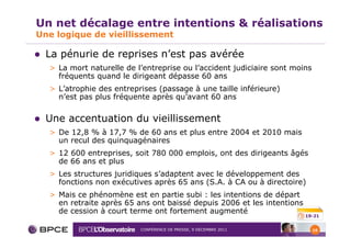 Un net décalage entre intentions & réalisations
Une logique de vieillissement

  La pénurie de reprises n’est pas avérée
  > La mort naturelle de l’entreprise ou l’accident judiciaire sont moins
    fréquents quand le dirigeant dépasse 60 ans
  > L’atrophie des entreprises (passage à une taille inférieure)
    n’est pas plus fréquente après qu’avant 60 ans

  Une accentuation du vieillissement
  > De 12,8 % à 17,7 % de 60 ans et plus entre 2004 et 2010 mais
    un recul des quinquagénaires
  > 12 600 entreprises, soit 780 000 emplois, ont des dirigeants âgés
    de 66 ans et plus
  > Les structures juridiques s’adaptent avec le développement des
    fonctions non exécutives après 65 ans (S.A. à CA ou à directoire)
  > Mais ce phénomène est en partie subi : les intentions de départ
    en retraite après 65 ans ont baissé depuis 2006 et les intentions
    de cession à court terme ont fortement augmenté
                                                                        19-21


                          CONFÉRENCE DE PRESSE, 9 DÉCEMBRE 2011             16
 