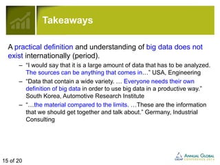Takeaways 
A practical definition and understanding of big data does not 
exist internationally (period). 
– “I would say that it is a large amount of data that has to be analyzed. 
The sources can be anything that comes in…” USA, Engineering 
– “Data that contain a wide variety. … Everyone needs their own 
definition of big data in order to use big data in a productive way.” 
South Korea, Automotive Research Institute 
– “…the material compared to the limits. …These are the information 
that we should get together and talk about.” Germany, Industrial 
Consulting 
15 of 20 
 
