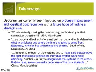 Takeaways 
Opportunities currently seem focused on process improvement 
and logistical cost reduction with a future hope of finding a 
strategic use. 
– “Who is not only making the most money, but is sticking to their 
contractual obligations?” USA, Healthcare 
– “…we do go and look at history and pull that out and try to determine 
what to anticipate and where the future is going to come from. 
Especially, in things like what things are costing.” South Africa, 
Logistics Consulting 
– “…number 1, for each of the systems and to make sure that we have 
the right capabilities to make the individual system work more 
efficiently. Number 2 is truly to integrate all the systems to the others 
that we have, so we can make better use of the data available…” 
China, Manufacutring 
17 of 20 
 