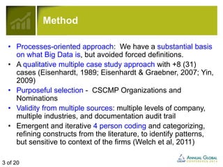 Method 
• Processes-oriented approach: We have a substantial basis 
on what Big Data is, but avoided forced definitions. 
• A qualitative multiple case study approach with +8 (31) 
cases (Eisenhardt, 1989; Eisenhardt & Graebner, 2007; Yin, 
2009) 
• Purposeful selection - CSCMP Organizations and 
Nominations 
• Validity from multiple sources: multiple levels of company, 
multiple industries, and documentation audit trail 
• Emergent and iterative 4 person coding and categorizing, 
refining constructs from the literature, to identify patterns, 
but sensitive to context of the firms (Welch et al, 2011) 
3 of 20 
 