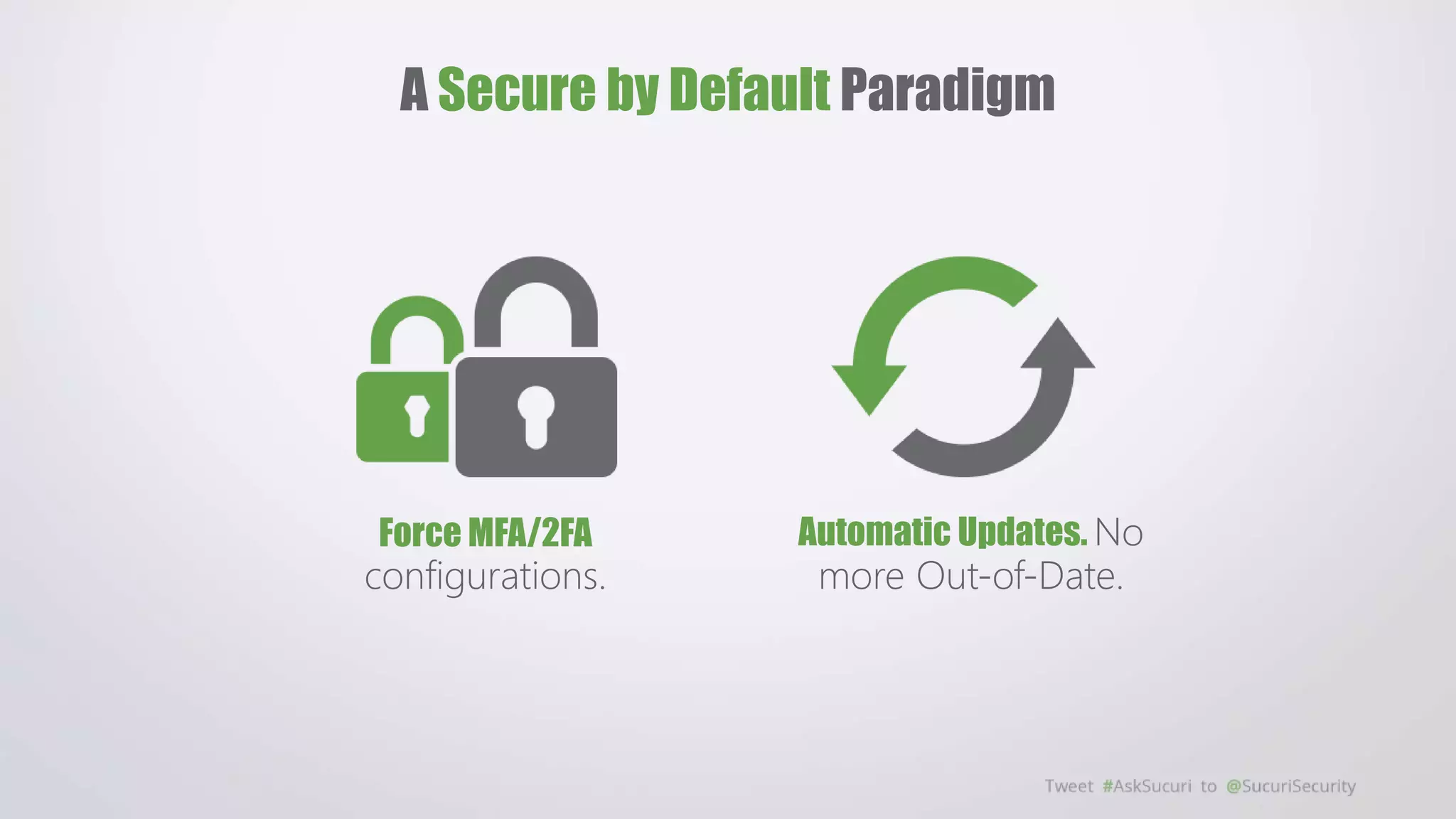 Force MFA/2FA
configurations.
A Secure by Default Paradigm
Automatic Updates. No
more Out-of-Date.
 