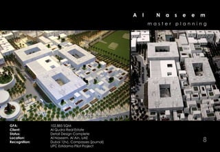 A   l     N   a   s   e   e   m
                                                                           master    planning




                               W A T E B AC LQ UDEI T SH O T E S
                                       R NO UR T H C L L L
                                             A      E    A UB

GFA:           102,885 SQM
Client:        Al Qudra Real Estate
Status:        Detail Design Complete
Location:
Recognition:
               Al Naseem, Al Ain, UAE
               Dubai 1(tv), Compasses (journal)                                                  8
               UPC Estidama Pilot Project
 