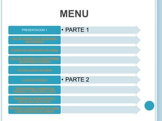 MENU
• PARTE 1PRESENTACION 1
Uso de Outlook como herramienta
administrativa
Proceso de configuración de cuenta
Usos de calendario y la disponibilidad
de calendarios múltiples
Uso de la opción de tareas
• PARTE 2Lo que me impacto
Características y versiones de
Windows 7 y Office 2007 y 2010
Requisitos de l equipo mínimo y
optimo para que funcione
Beneficios e inconvenientes de migrar
a esta generación de software
 