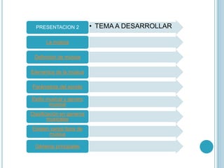 • TEMA A DESARROLLARPRESENTACION 2
La música
Definición de música
Elementos de la música
Parámetros del sonido
Estilo musical y genero
musical
Clasificación en generos
musicales
Existen varios tipos de
música
Géneros principales
 