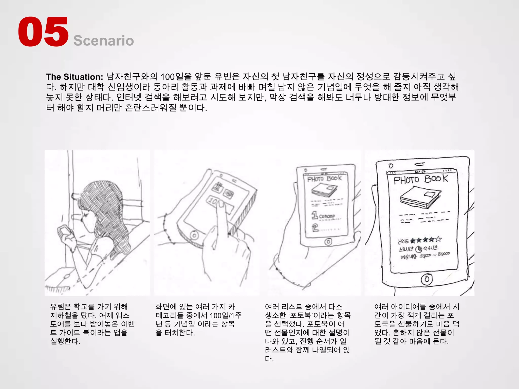 05   Scenario

 The Situation: 남자친구와의 100일을 앞둔 유빈은 자신의 첫 남자친구를 자신의 정성으로 감동시켜주고 싶
 다. 하지만 대학 신입생이라 동아리 활동과 과제에 바빠 며칠 남지 않은 기념일에 무엇을 해 줄지 아직 생각해
 놓지 못한 상태다. 인터넷 검색을 해보려고 시도해 보지만, 막상 검색을 해봐도 너무나 방대한 정보에 무엇부
 터 해야 할지 머리만 혼란스러워질 뿐이다.




 유림은 학교를 가기 위해    화면에 있는 여러 가지 카     여러 리스트 중에서 다소     여러 아이디어들 중에서 시
 지하철을 탔다. 어제 앱스   테고리들 중에서 100일/1주   생소한 ‘포토북’이라는 항목   간이 가장 적게 걸리는 포
 토어를 보다 받아놓은 이벤   년 등 기념일 이라는 항목     을 선택했다. 포토북이 어    토북을 선물하기로 마음 먹
 트 가이드 북이라는 앱을    을 터치한다.            떤 선물인지에 대한 설명이    었다. 흔하지 않은 선물이
 실행한다.                               나와 있고, 진행 순서가 일   될 것 같아 마음에 든다.
                                     러스트와 함께 나열되어 있
                                     다.
 