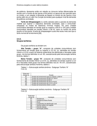 Eficiência energética no setor elétrico brasileiro 36
de potência. Apresenta então em relação ao consumo tarifas diferenciadas de
acordo com o horário do dia (ponta e fora ponta) e a época do ano (período seco
ou úmido), e em relação à demanda se baseia no horário do dia (ponta e fora
ponta) além de um valor fixo (função da tensão) para qualquer nível de demanda
de potência contratada.
Tarifa de Ultrapassagem é a tarifa cobrada sobre a parcela da demanda
medida que superar a respectiva demanda contratada, caso o consumidor
ultrapasse os limites de tolerância mínimos fixados: 5% para unidade
consumidora atendida em tensão igual ou superior a 69 kV e 10% para unidade
consumidora atendida em tensão inferior a 69 kV, tanto no horário de ponta
quanto no fora ponta. A tarifa de ultrapassagem custa três vezes mais caro que a
tarifa normal de fornecimento [26].
2.4.2.
Grupos tarifários
Os grupos tarifários se dividem em:
Alta Tensão – grupo “A”, composto de unidades consumidoras com
fornecimento em tensão igual ou superior a 2,3 kV, ou, atendidas em tensão
inferior a 2,3 kV a partir do sistema subterrâneo de distribuição e faturadas neste
grupo, nos termos definidos no art. 82, caracterizando pela estruturação tarifária
binômia, tabela 1.
Baixa Tensão - grupo “B”, composto de unidades consumidoras com
fornecimento de tensão inferior a 2,3 kV, ou, atendidas em tensão superior a 2,3
kV e faturadas neste grupo nos termos definidos nos art. 79 e 81, caracterizado
pela estruturação tarifária monômia, tabela 2.
Tabela 1 – Estruturação tarifária binômia - Subgrupo Tarifário “A”
Fonte: [3]
Subgrupos
(Grupo A) Tensão
A1 Tensão de fornecimento igual ou superior a 230 kV
A2 Tensão de fornecimento de 88 kV a 138 kV
A3 Tensão de fornecimento de 69 kV
A3a Tensão de fornecimento de 30 kV a 44 kV
A4 Tensão de fornecimento de 2,3 kV a 25 kV
AS Tensão de fornecimento inferior a 2,3kV
Tabela 2 – Estruturação tarifária monômia - Subgrupo Tarifário “B”
Fonte: [3]
Subgrupos
(Grupo B) Instalação
B1 Residencial
B1 Residencial Baixa Renda
B2 Rural
B2 Cooperativa de eletrificação rural
B2 Serviço público de irrigação
B3 Demais classes
B4 Iluminação pública
PUC-Rio
-
Certificação
Digital
Nº
0913478/CA
 