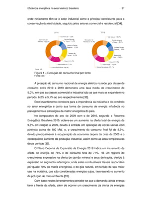 Eficiência energética no setor elétrico brasileiro 21
onde novamente têm-se o setor industrial como o principal contribuinte para a
conservação da eletricidade, seguido pelos setores comercial e residencial [34].
Figura 1 – Evolução do consumo final por fonte
Fonte [34]
A projeção do consumo nacional de energia elétrica na rede, por classe de
consumo entre 2010 e 2019 demonstra uma taxa media de crescimento de
5,0%, em que as classes comercial e industrial são as que mais se expandem no
período, 6,2% e 5,1% ao ano respectivamente [33].
Este levantamento corrobora para a importância da indústria e do comércio
no setor energético e como sua forma de consumo de energia influência no
planejamento e estratégias da matriz energética do país.
No comparativo do ano de 2009 com o de 2010, segunda a Resenha
Energética Brasileira 2010, obteve-se um aumento na oferta total de energia de
9,6% em relação a 2009, devido à entrada em operação de novas usinas com
potência acima de 100 MW, e, o crescimento do consumo final foi de 8,9%,
devido principalmente à recuperação da economia depois da crise de 2008 e o
consequente aumento da produção industrial, assim como as altas temperaturas
deste período [35].
O Plano Decenal de Expansão de Energia 2019 indica um incremento de
oferta de energia de 76% e de consumo final de 77%. Há um registro de
crescimento expressivo na oferta de carvão mineral e seus derivados, devido à
expansão no segmento siderúrgico, onde estes combustíveis fósseis respondem
por quase 70% da matriz energética, e do gás natural, em função de seu maior
uso na indústria, que são consideradas energias sujas, favorecendo o aumento
da poluição do meio ambiente [33].
Com base nestes levantamentos percebe-se que a demanda ainda avança
bem a frente da oferta, além de ocorrer um crescimento da oferta de energias
PUC-Rio
-
Certificação
Digital
Nº
0913478/CA
 
