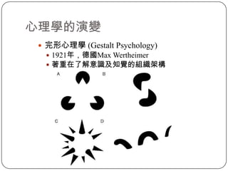 心理學的演變完形心理學 (Gestalt Psychology)1921年，德國Max Wertheimer著重在了解意識及知覺的組織架構