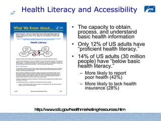 Health Literacy and Accessibility <ul><li>The capacity to obtain, process, and understand  basic health information  </li>...