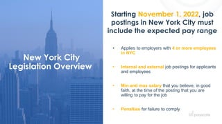 New York City
Legislation Overview
Starting November 1, 2022, job
postings in New York City must
include the expected pay ...