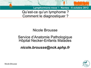 Qu’est-ce qu’un lymphome ?
                   Comment le diagnostiquer ?


                         Nicole Brousse
                 Service d’Anatomie Pathologique
                 Hôpital Necker-Enfants Malades
                  nicole.brousse@nck.aphp.fr



Nicole Brousse
 