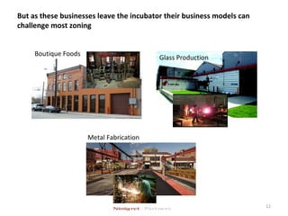 But as these businesses leave the incubator their business models can
challenge most zoning
12
Boutique Foods
Glass Production
Metal Fabrication
 
