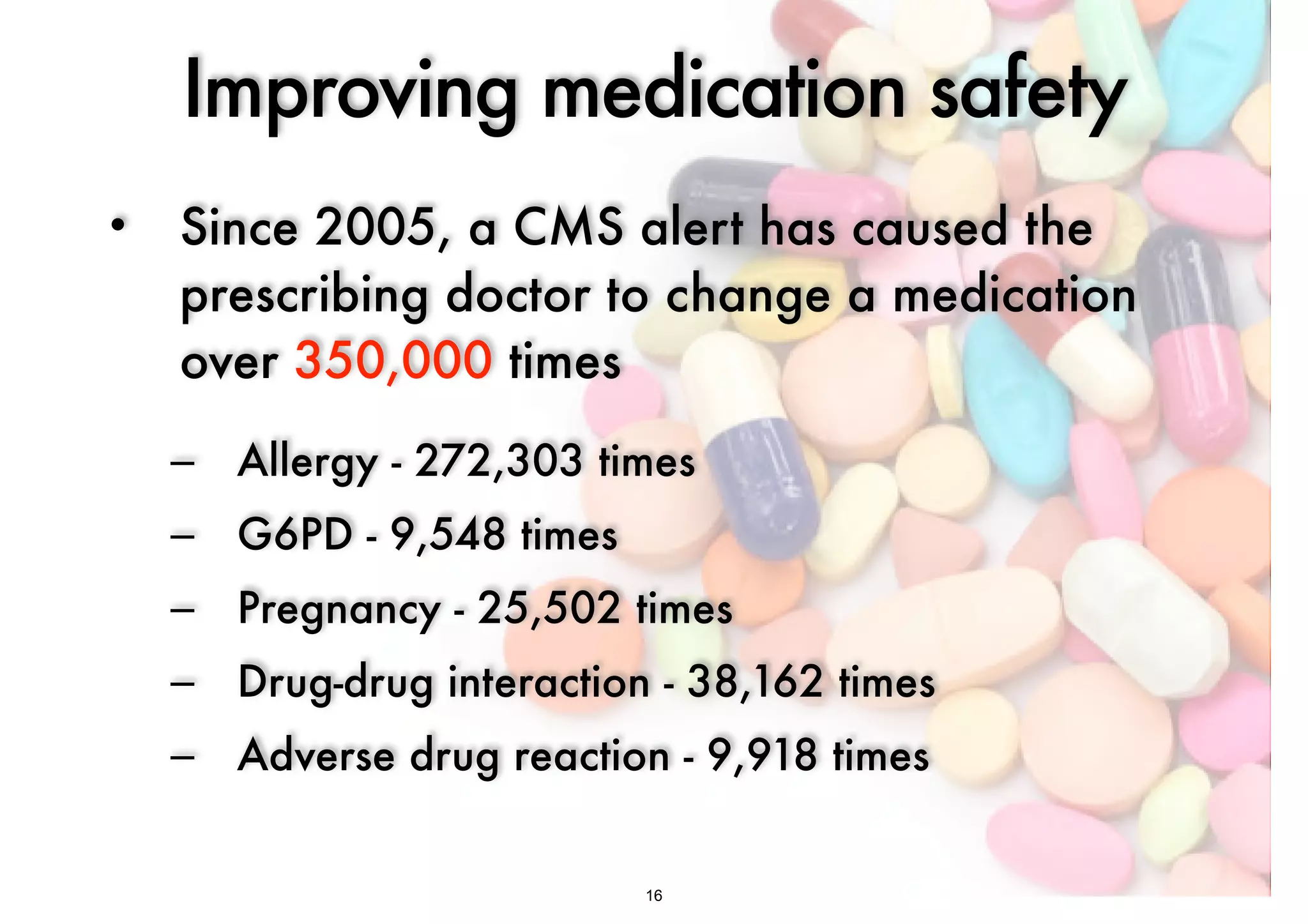 Improving medication safety 
• Since 2005, a CMS alert has caused the 
prescribing doctor to change a medication 
over 350,000 times 
– Allergy - 272,303 times 
– G6PD - 9,548 times 
– Pregnancy - 25,502 times 
– Drug-drug interaction - 38,162 times 
– Adverse drug reaction - 9,918 times 
16 
 