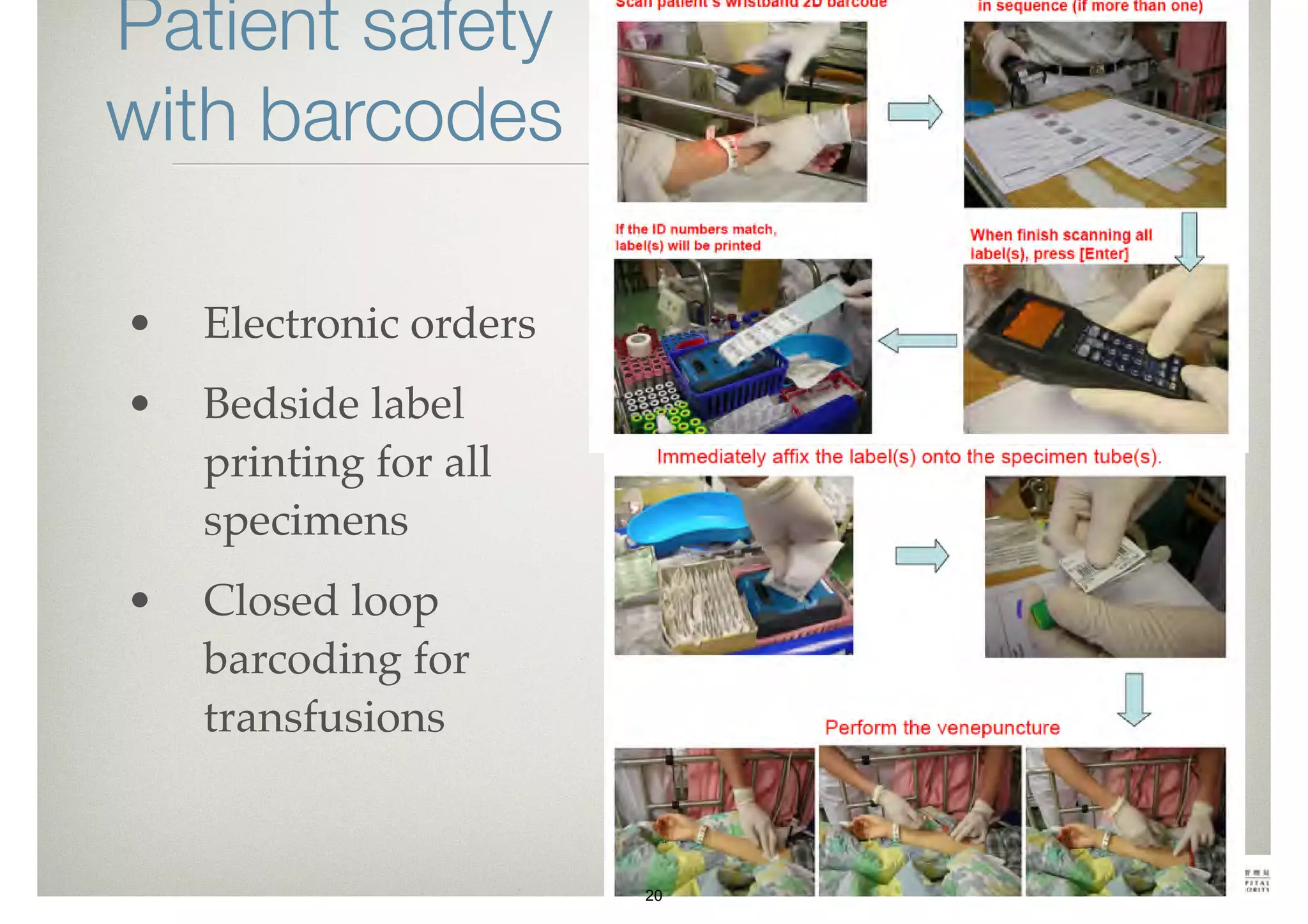 Patient safety 
with barcodes 
• Electronic orders 
• Bedside label 
printing for all 
specimens 
• Closed loop 
barcoding for 
transfusions 
20 
 