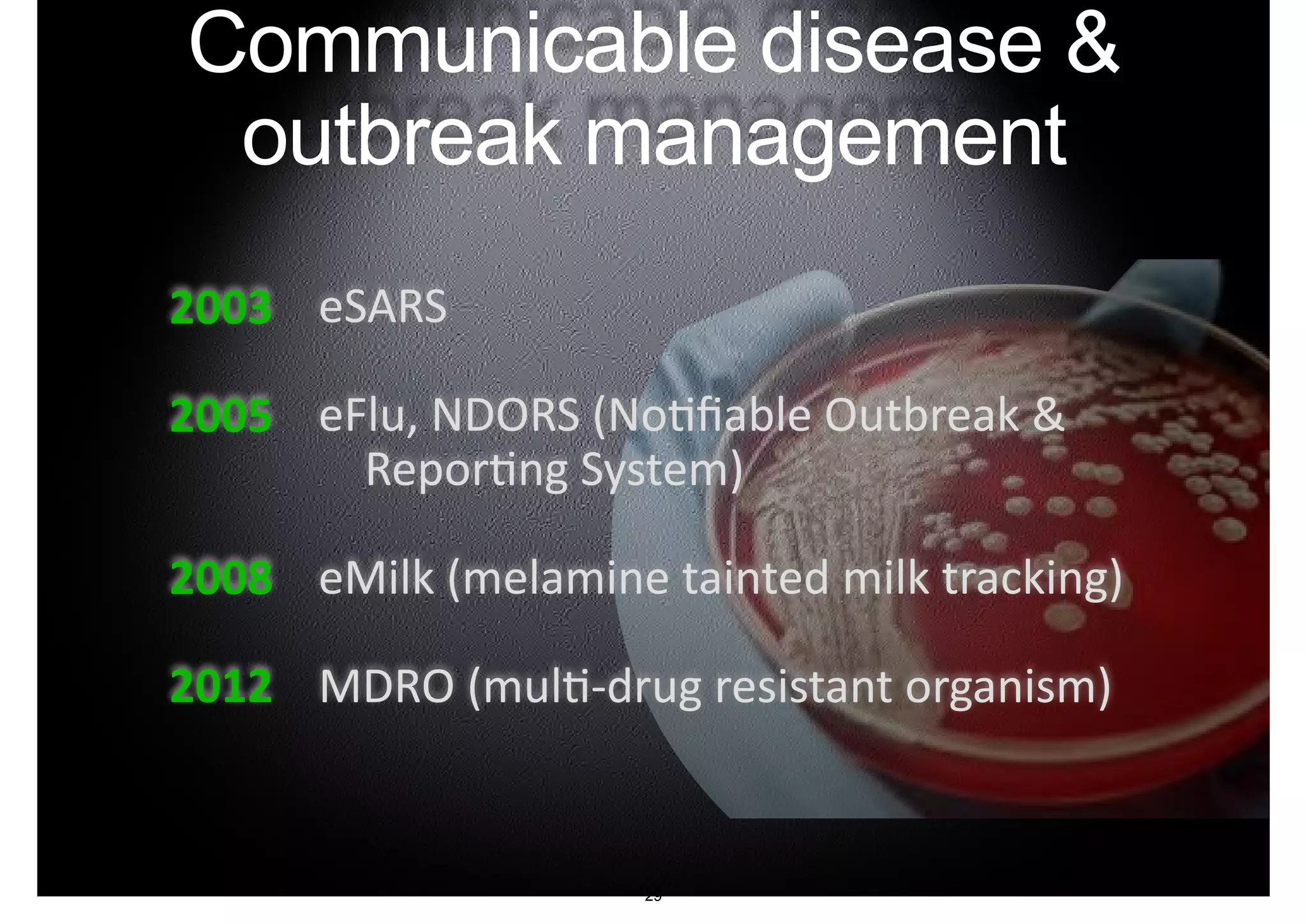 Communicable disease & 
outbreak management 
eSARS 
eFlu, NDORS (No-fiable Outbreak & 
Repor-ng System) 
eMilk (melamine tainted milk tracking) 
MDRO (mul--­‐drug resistant organism) 
2003 
2005 
2008 
2012 
29 
 