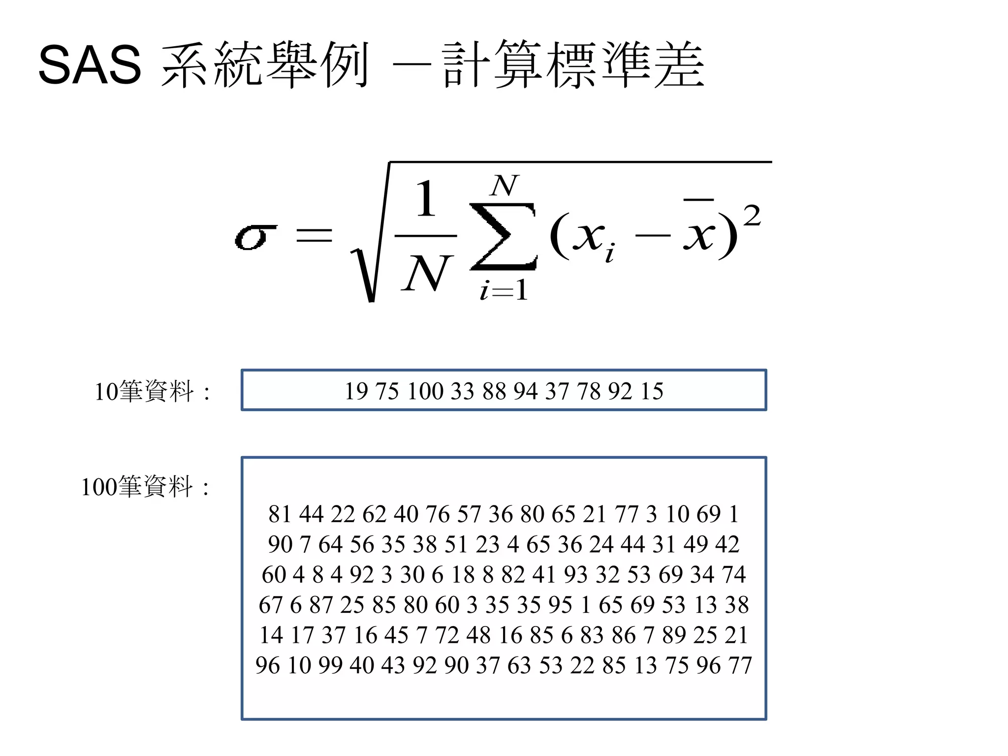SAS 系統舉例 －計算標準差19 75 100 33 88 94 37 78 92 1510筆資料：81442262407657368065217731069190764563538512346536244431494260484923306188824193325369347467687258580603353595165695313381417371645772481685 68386789252196109940439290376353228513759677100筆資料：
