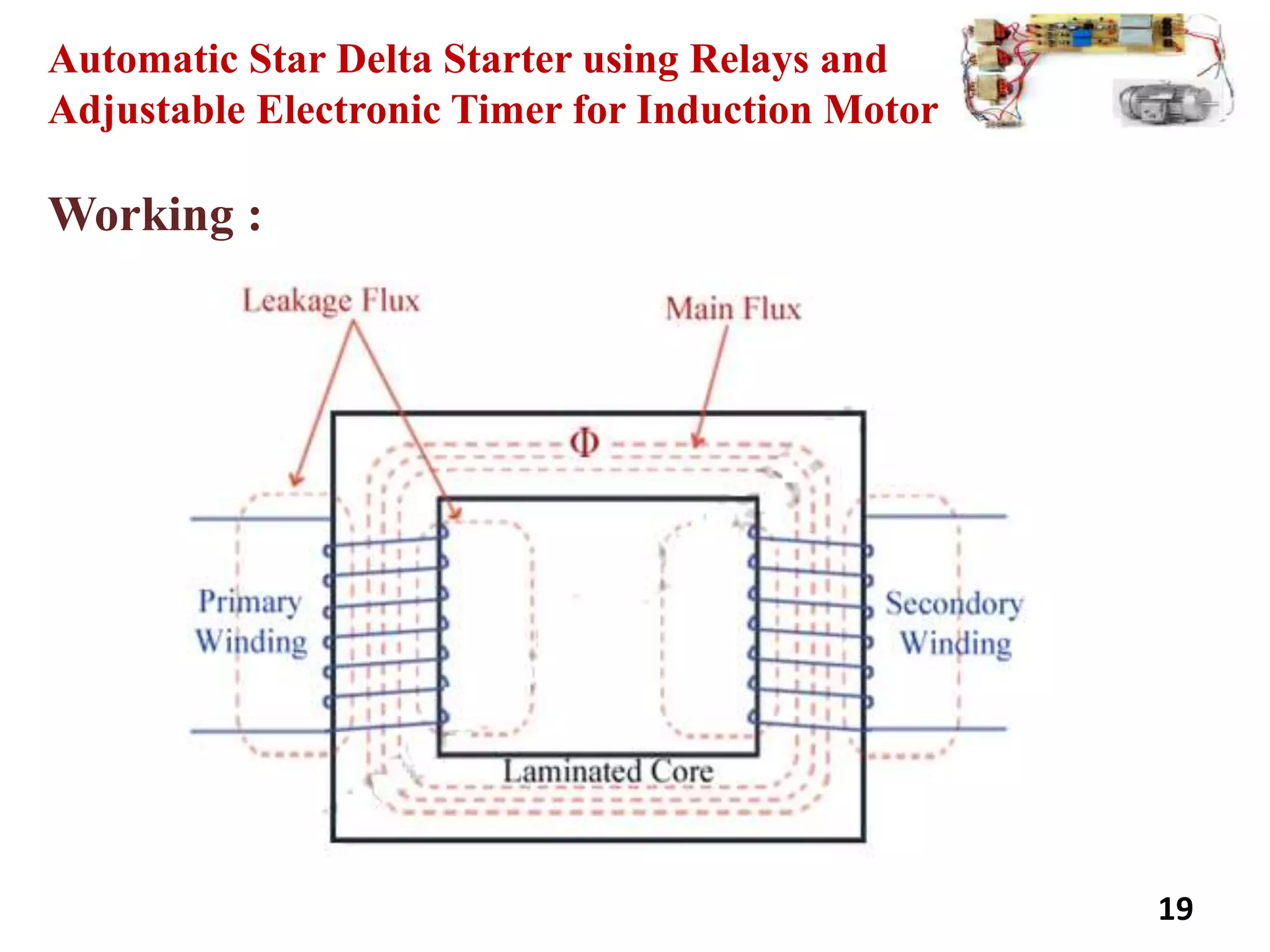 19
Working :
Automatic Star Delta Starter using Relays and
Adjustable Electronic Timer for Induction Motor
 