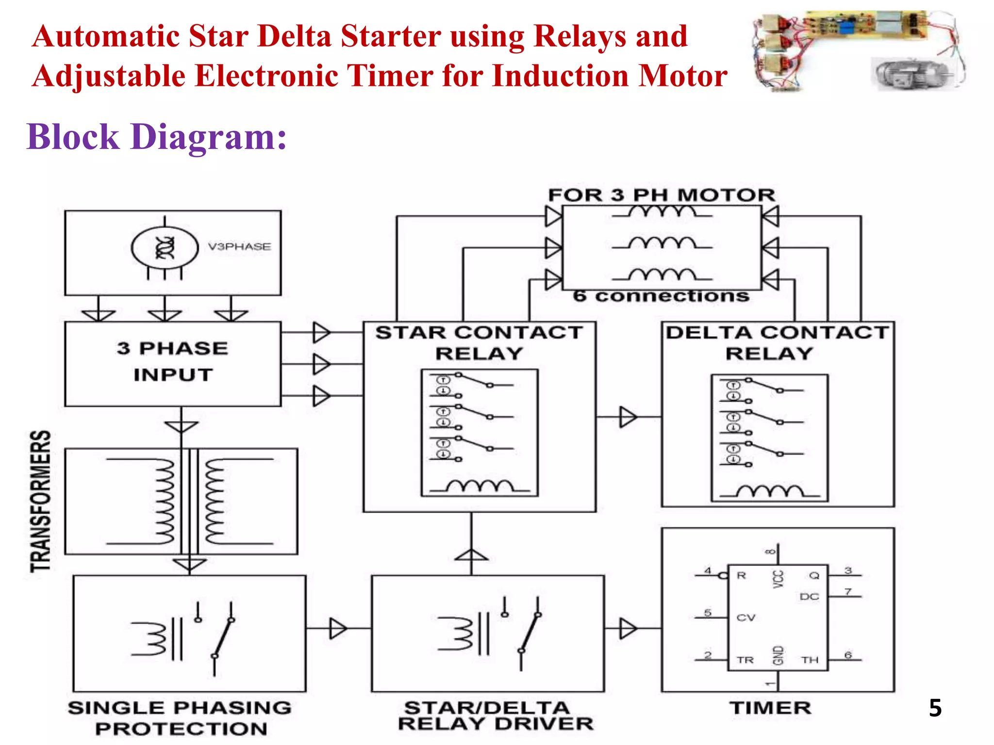 Automatic Star Delta Starter using Relays and
Adjustable Electronic Timer for Induction Motor
Block Diagram:
5
 