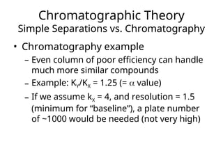 Chromatographic Theory
Simple Separations vs. Chromatography
• Chromatography example
– Even column of poor efficiency can handle
much more similar compounds
– Example: KY/KX = 1.25 (=  value)
– If we assume kX = 4, and resolution = 1.5
(minimum for “baseline”), a plate number
of ~1000 would be needed (not very high)
 