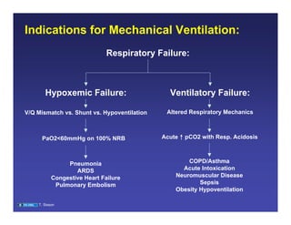 Indications for Mechanical Ventilation:
                              Respiratory Failure:



       Hypoxemic Failure:                      Ventilatory Failure:

V/Q Mismatch vs. Shunt vs. Hypoventilation    Altered Respiratory Mechanics



     PaO2<60mmHg on 100% NRB                 Acute ↑ pCO2 with Resp. Acidosis



                Pneumonia                            COPD/Asthma
                   ARDS                            Acute Intoxication
           Congestive Heart Failure              Neuromuscular Disease
            Pulmonary Embolism                           Sepsis
                                                 Obesity Hypoventilation

    T. Sisson
 