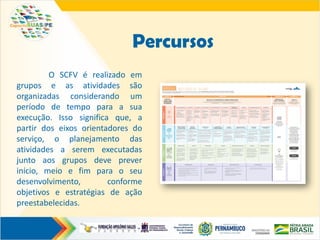 Percursos
O SCFV é realizado em
grupos e as atividades são
organizadas considerando um
período de tempo para a sua
execução. Isso significa que, a
partir dos eixos orientadores do
serviço, o planejamento das
atividades a serem executadas
junto aos grupos deve prever
início, meio e fim para o seu
desenvolvimento, conforme
objetivos e estratégias de ação
preestabelecidas.
 