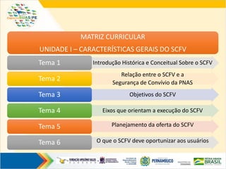 MATRIZ CURRICULAR
UNIDADE I – CARACTERÍSTICAS GERAIS DO SCFV
Introdução Histórica e Conceitual Sobre o SCFV
Tema 1
Relação entre o SCFV e a
Segurança de Convívio da PNAS
Tema 2
Objetivos do SCFV
Tema 3
Eixos que orientam a execução do SCFV
Tema 4
Planejamento da oferta do SCFV
Tema 5
O que o SCFV deve oportunizar aos usuários
Tema 6
 