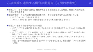 ⼼の理論を適⽤する場合の問題点（⼈間の思考例）
n お互いに「相⼿の意図を読む」機能があることが既知だとした場合、無限に再起的な読
み合いが発⽣する
n 普通の場合（アリスだけが読む能⼒を持ち、ボブにはできないことを知っている）
- ボブ「（Aという⾏動をしよう）」
- アリス「（ボブはAという⾏動をするだろうからそれに強いBをしよう）」
n お互いに相⼿の⾏動を予測できる場合
- ボブ「（アリスは僕がAをすると思っているだろうからBを選ぶだろう。だからそれに強いCを
しよう」
- ボブ「いやだけど、アリスは僕がこんなことを考えているのも読んでいるだろうからCに強い
Dをしてくるかもしれない。Dに強いEをしよう」
- ボブ「それすらもアリスは読んでいるかもしれないから、Eを読んでFをしてくるかもしれな
い。やっぱりFに強いGで・・・」
- 以後、相⼿の推論能⼒の仮定をどこかでストップさせない限り、無限に続く（アリス側の思考
も同じ）
Shota Imai | The University of Tokyo
12
 