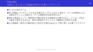 Hanabi
MARLにおける⼼の理論系研究の主要ベンチマーク
n 2〜5⼈の協⼒ゲーム
n RLで頻繁にベンチマークとなる主要なボードゲームなどと異なり、ゲーム⽊探索による
必勝法やナッシュ均衡など、ゲーム情報学的な解を持たない
n 相⼿の意図によって、理想的な⾏動が異なる＆理想的な⾏動ではなく、メッセージ的な
⾏動をも要求されるなど、相⼿の意図をモデリングして積極的に利⽤する必要
n ⼼の理論系（相⼿の⾏動を読んで⾃分の⽅策のinputとして使う等）の主要ベンチマーク
Shota Imai | The University of Tokyo
15
 