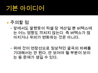 기본 아이디어주의할 점앞에서도 말했듯이 픽셀 당 계산일 뿐 버텍스에는 어느 영향도 끼치지 않는다. 즉 버텍스가 많아지거나 위치가 변화하는 것은 아니다.위에 것이 연장선으로 정상적인 굴곡의 차폐를 기대해서는 안 된다. 안 보여야 될 부분이 보이는 등 문제가 생길 수 있다.