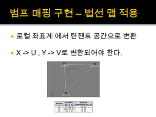 범프매핑 구현 – 법선 맵 적용로컬 좌표계 에서 탄젠트 공간으로 변환X -> U , Y -> V로 변환되어야 한다.