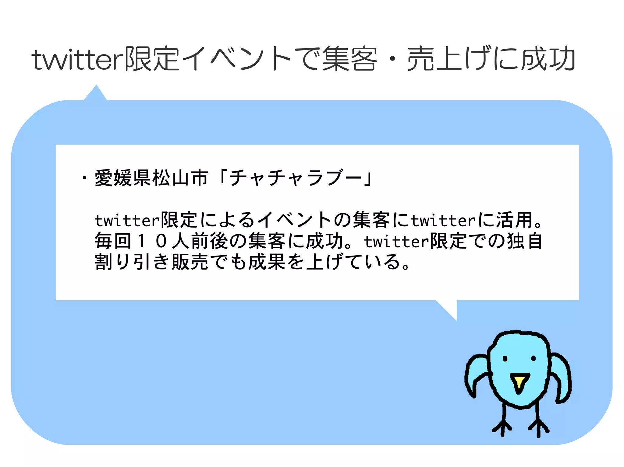 twitter限定イベントで集客・売上げに成功



 　・愛媛県松山市「チャチャラブー」
 　
 　　twitter限定によるイベントの集客にtwitterに活用。
 　　毎回１０人前後の集客に成功。twitter限定での独自
 　　割り引き販売でも成果を上げている。
 