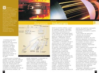 O

alumínio é
facilmente fabricado
por todos os processos
metalúrgicos usuais e está
disponível ao engenheiro
em uma ampla variedade
de formas comparadas a
outros materiais.
As operações que
envolvem a transformação
do alumínio, desde o metal
virgem ou lingote de liga
até as formas usuais
requeridas pela indústria,
podem ser
convenientemente
agrupadas sob várias
condições (Figura 9).

A facilidade pela qual o
alumínio pode ser
fabricado em várias formas
é uma de suas mais
importantes vantagens.
Freqüentemente, pode
competir com grande
sucesso com materiais
mais baratos. Atualmente,
depois do ferro, é o
material mais utilizado na
fabricação de peças
em geral.

Processo de forjamento de rodas de alumínio

Processos

Figura 9 - Fluxograma de obtenção do alumínio e de produtois semi-acabados

O alumínio pode ser fundido por
qualquer método conhecido; pode ser
laminado em qualquer espessura até
folhas mais finas que as de papel;
chapas de alumínio podem ser
estampadas, cunhadas, repuxadas e
corrugadas. O alumínio pode ser
extrudado numa infinidade de perfis de
seção transversal constante e de
34

grande comprimento. O metal pode ser,
também, forjado ou impactado.
No forjamento, um bloco, tarugo ou
perfil é aquecido a aproximadamente
500ºC e pressionado contra uma matriz
bipartida, na qual foi escavada a forma
da peça em negativo. O metal escoa,
preenchendo a cavidade formada pelo
ferramental, tomando a forma da peça.

Folha laminada

Industriais
Arames de alumínio trefilados, a partir
de vergalhões redondos, dão origem
aos fios de alumínio que, após serem
encordoados, transformam-se em
cabos condutores, que também podem
ter uma alma de aço. Tubos de alumínio
podem ser trefilados até minúsculas
dimensões. Praticamente, não há
limitação para as diversas formas em
que o metal pode ser extrudado.
A facilidade e a velocidade com que o
alumínio pode ser usinado é um dos
importantes fatores que contribuem
para o baixo custo das peças acabadas
em alumínio. O metal pode ser curvado,
fresado, perfurado ou trabalhado de
outras maneiras, nas máximas
velocidades que a maioria das
máquinas pode atingir. Uma outra
vantagem de sua flexibilidade em
usinagem é permitir que as barras e os
vergalhões de alumínio sejam utilizados
na manufatura de peças em tornos
automáticos de alta velocidade.
Praticamente, todos o métodos de
união são aplicáveis ao alumínio rebitagem, soldagem, brasagem e
colagem - uma grande variedade de
junções mecânicas do alumínio
simplifica a montagem de muitos
produtos. Adesivos para colar peças de

8
alumínio são largamente empregados,
particularmente em uniões de
componentes aeronáuticos e quadros
de bicicletas.
Para a maioria das aplicações
o alumínio não necessita de
revestimentos de proteção.
Acabamentos mecânicos, tais como:
polimento, jateamento com areia ou
escovamento satisfazem a maioria das
necessidades. Em muitos casos a
superfície acabada fornecida é
totalmente adequada, dispensando
tratamentos posteriores.
Onde a superfície pura do alumínio não
é suficiente ou onde a proteção
adicional é requerida, qualquer
acabamento superficial da grande
variedade existente pode ser aplicado.
Acabamentos químicos, eletroquímicos
ou pintados são utilizados. Muitas cores
são disponíveis para ambos
acabamentos químico e eletroquímico.
Os acabamentos pintados, laqueados
ou esmaltados podem ser efetuados em
quaisquer cores. Esmaltes vítreos foram
desenvolvidos para o alumínio, o qual
também pode sofrer deposição
eletrolítica de outro metal.
Extrudados e laminados de alumínio,
devido à grande capacidade de
35

 