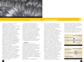Arame trefilado de alumínio

Processos
e motores, dissipadores de calor,
equipamentos elétricos etc.,
competindo com vantagem sobre peças
fundidas, forjadas e usinadas.
Podem também ser forjados e usinados,
se necessário, partindo de um produto
extrudado cuja forma seja a mais
próxima possível do produto final.
A variedade de perfis que pode ser
extrudada em alumínio é praticamente
ilimitada. As vantagens dessa
característica incluem a redução de
custos, através da eliminação de
operações posteriores de usinagem ou
junção, bem como a possibilidade de
obtenção de seções mais resistentes
através da adequada eliminação de
juntas frágeis e de uma melhor
distribuição de metal.
No setor de transportes, os perfis de
alumínio são utilizados para estruturar
laterais e coberturas de ônibus e
caminhões, substituindo com vantagem
as antigas carrocerias de madeira e
chaparias de aço, com peso muito
menor propiciando economia de
combustível e maior capacidade de
carga. Tubos de alumínio são utilizados
em estruturas espaciais permitindo a
cobertura de grandes vãos com o
mínimo de apoios.
44

O maior mercado dos produtos
extrudados em todo o mundo é o da
fabricação de esquadrias para a
construção civil, merecendo uma
análise especial. No Brasil, o alumínio
participa com apenas 12%, ao lado da
madeira, contra 75% de participação
do ferro. No continente europeu, o
mercado de esquadrias está dividido
em três partes praticamente iguais:
alumínio, madeira e plástico (derivado
do petróleo), praticamente sem
nenhuma participação do ferro.
O quadro da pág. 45 compara os produtos utilizados no mercado brasileiro.
Tr
Trefilação
Trefilação é um processo de
transformação por meio de deformação
mecânica a frio, no qual se faz fluir
através de uma matriz, por esforço de
tração, um produto no qual se deseja
diminuir a seção transversal.
Basicamente é um processo análogo
ao da laminação, aumentando as
propriedades mecânicas, diminuindo as
tolerâncias dimensionais, melhorando o
acabamento superficial e produzindo
bitolas mais difíceis de se obter apenas
por extrusão.
Normalmente, são trefiladas tanto

8

Industriais
ligas não tratáveis (obtendo-se os
maiores aumentos de propriedades
mecânicas) como ligas tratáveis
termicamente (onde o maior objetivo é
a precisão dimensional).
Dois sistemas de trefilação são
utilizados: a trefilação em bancos para
barras e tubos de maior diâmetro e a
trefilação em blocos rotativos para
dimensões menores de vergalhões e
tubos. Nos vergalhões e fios a
ferramenta de trefilação chama-se
fieira. A trefilação de tubos pode ser
feita “em vazio”, utilizada para a
calibração somente do diâmetro
externo, a trefilação com mandril
flutuante e a trefilação com mandril fixo,
preso a uma barra. O formato usual da
fieira é como o da Figura 13, tanto para
vergalhões como para tubos, com
ângulo de entrada e saída de cerca de
60-70° e uma parte cilíndrica ou cônica
próxima à saída, que tem a função de
dirigir o material que flui do cone de
trabalho e calibrar a seção final.
Os materiais utilizados para fieiras
e pinos são aços para trabalho a frio
de alta resistência, metal duro
e diamante, no caso de seções com
menos de 3 mm de diâmetro.
A lubrificação durante a trefilação é

primordial para diminuir o coeficiente
de atrito existente e diminuir o desgaste
das fieiras e pinos, agindo como
refrigerante do processo.
As velocidades de trefilação variam de
5 a 60 m/min em bancos e de 20 a 50
m/min em blocos rotativos. Fazem parte
do conjunto de equipamentos uma

Figura 13 - Trefilação de vergalhões ou fios

Figura 14 - Trefilação de tubo e mandril flutuante

45

 