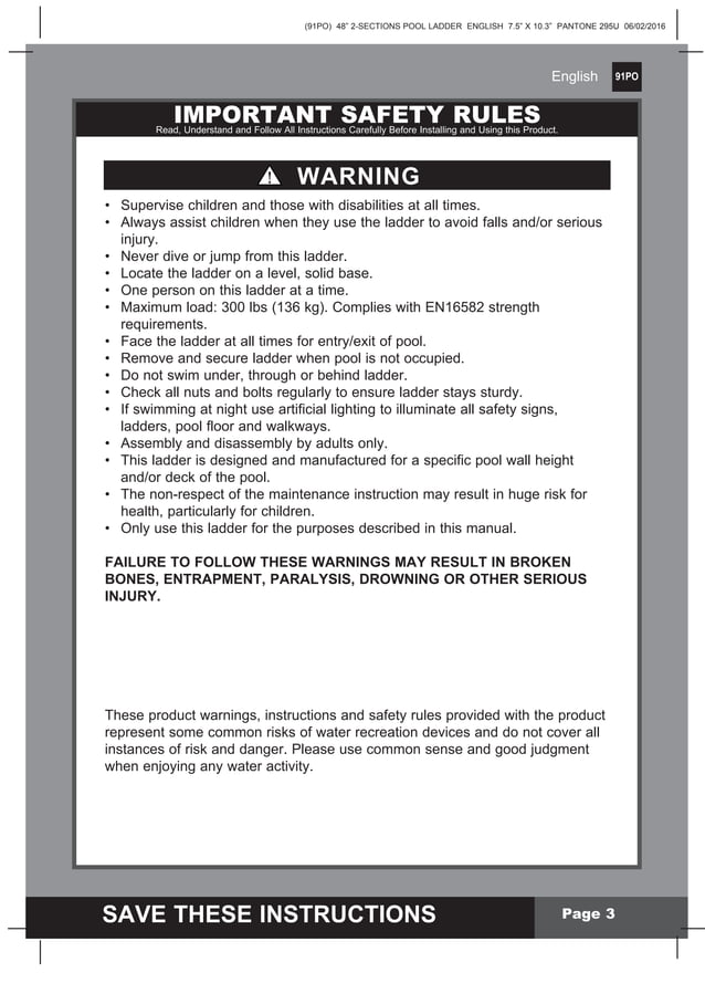 Intex pool ladder manual for 48 inch swimming pools