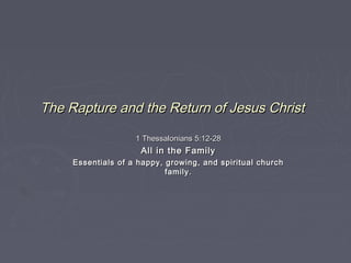 The Rapture and the Return of Jesus Christ
1 Thessalonians 5:12-28

All in the Family
Essentials of a happy, growing, and spiritual church
family.

 