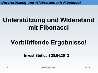 Unterstützung und Widerstand mit Fibonacci




 Unterstützung und Widerstand
         mit Fibonacci

       Verblüffende Ergebnisse!
            Invest Stuttgart 28.04.2012


   1                  Christoph Geyer        29.04.12
 