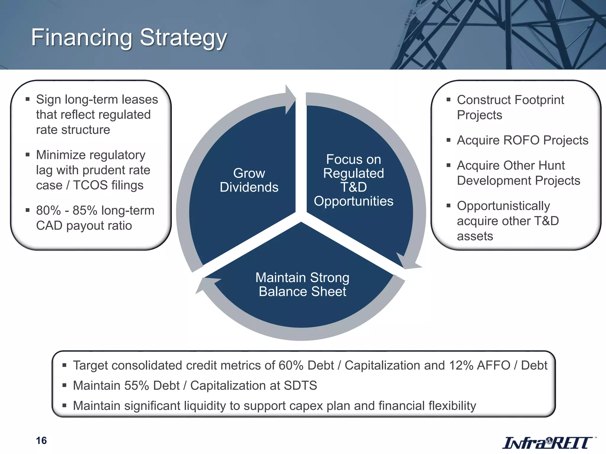 Financing Strategy
16
Focus on
Regulated
T&D
Opportunities
Maintain Strong
Balance Sheet
Grow
Dividends
 Sign long-term leases
that reflect regulated
rate structure
 Minimize regulatory
lag with prudent rate
case / TCOS filings
 80% - 85% long-term
CAD payout ratio
 Construct Footprint
Projects
 Acquire ROFO Projects
 Acquire Other Hunt
Development Projects
 Opportunistically
acquire other T&D
assets
 Target consolidated credit metrics of 60% Debt / Capitalization and 12% AFFO / Debt
 Maintain 55% Debt / Capitalization at SDTS
 Maintain significant liquidity to support capex plan and financial flexibility
 