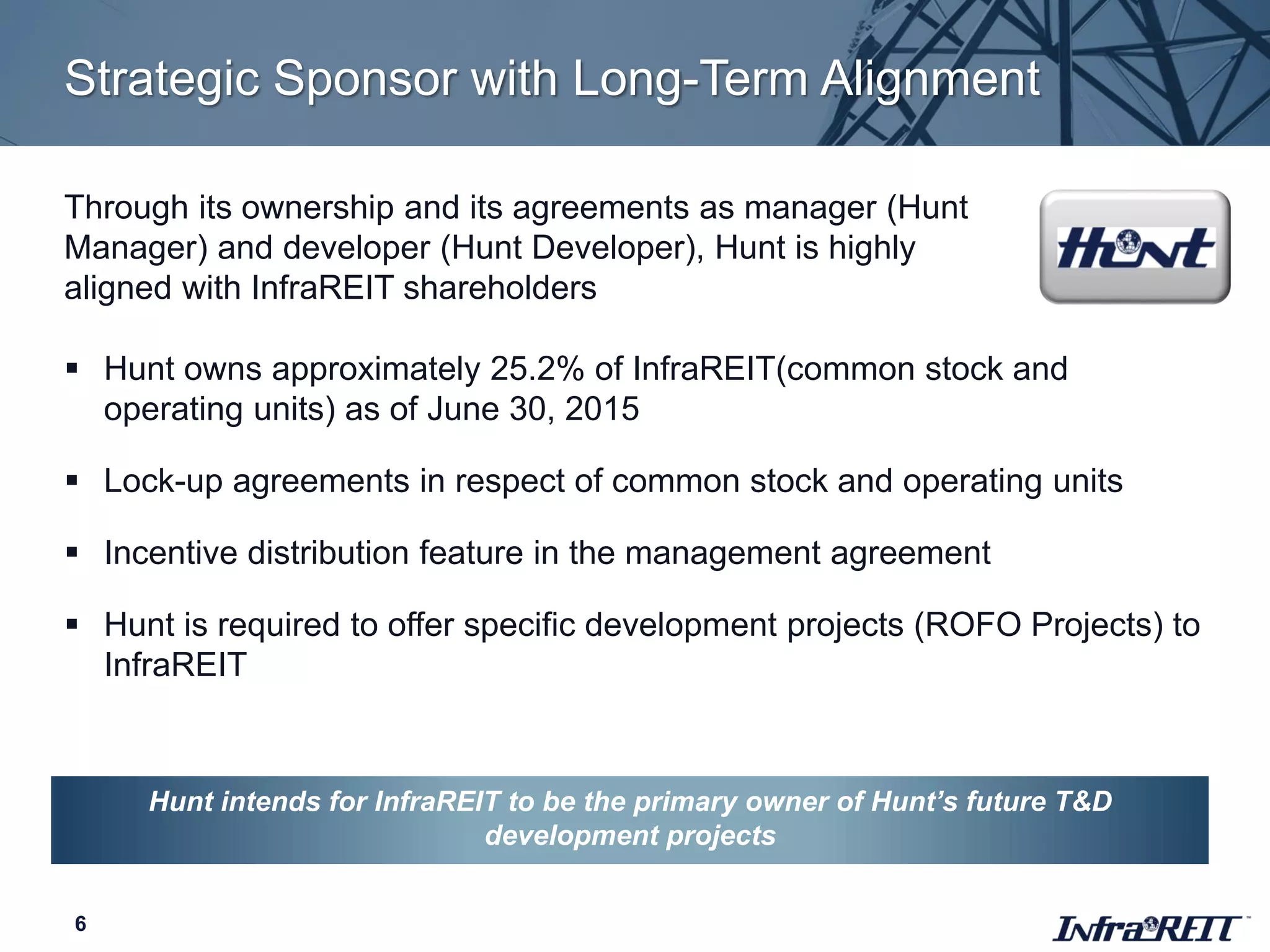 Strategic Sponsor with Long-Term Alignment
6
Through its ownership and its agreements as manager (Hunt
Manager) and developer (Hunt Developer), Hunt is highly
aligned with InfraREIT shareholders
 Hunt owns approximately 25.2% of InfraREIT(common stock and
operating units) as of June 30, 2015
 Lock-up agreements in respect of common stock and operating units
 Incentive distribution feature in the management agreement
 Hunt is required to offer specific development projects (ROFO Projects) to
InfraREIT
Hunt intends for InfraREIT to be the primary owner of Hunt’s future T&D
development projects
 
