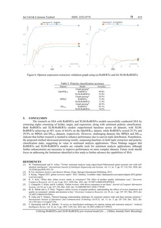 Int J Inf & Commun Technol ISSN: 2252-8776 
Utilizing RoBERTa and XLM-RoBERTa pre-trained model for … (Nikita Ananda Putri Masaling)
419
(a) (b)
Figure 6. Opinion expression extraction validation graph using (a) RoBERTa and (b) XLM-RoBERTa
Table 5. Polarity classification accuracy
Dataset Model Accuracy
OpeNEREN
Graph parsing* -
RoBERTa 90.0%
XLM-RoBERTa 91.0%
MPQA
Graph parsing* 38.5%
RoBERTa 71.0%
XLM-RoBERTa 71.4%
DSUnis
Graph parsing* 44.5%
RoBERTa 83.7%
XLM-RoBERTa 74.5%
5. CONCLUSION
The research on SSA with RoBERTa and XLM-RoBERTa models successfully conducted SSA by
extracting tuples consisting of holder, target, and expression, along with sentiment polarity classification.
Both RoBERTa and XLM-RoBERTa models outperformed baselines across all datasets, with XLM-
RoBERTa achieving an SF1 score of 64.6% on the OpeNEREN dataset, while RoBERTa scored 25.3% and
29.9% on MPQA and DSUnis datasets, respectively. However, challenging datasets like MPQA and DSUnis
indicate that further research is needed to enhance performance due to uneven tuple distribution. Nonetheless,
the proposed method showcased promising results, surpassing baselines in both tuple extraction and polarity
classification tasks, suggesting its value in sentiment analysis applications. These findings suggest that
RoBERTa and XLM-RoBERTa models are valuable tools for sentiment analysis applications, although
further enhancements are necessary to improve performance on more complex datasets. Future work should
focus on addressing the limitations identified in this study to further advance the capabilities of SSA.
REFERENCES
[1] M. Venkataramaiah and N. Achar, “Twitter sentiment analysis using aspect-based bidirectional gated recurrent unit with self-
attention mechanism,” International Journal of Intelligent Engineering and Systems, vol. 13, no. 5, pp. 97–110, Oct. 2020, doi:
10.22266/ijies2020.1031.10.
[2] B. Liu, Sentiment Analysis and Opinion Mining. Cham: Springer International Publishing, 2012.
[3] S. Kemp, “Digital 2023: global overview report,” 2023. [Online]. Available: https://datareportal.com/reports/digital-2023-global-
overview-report.
[4] R. Y. Kim, “When does online review matter to consumers? The effect of product quality information cues,” Electronic
Commerce Research, vol. 21, no. 4, pp. 1011–1030, Dec. 2021, doi: 10.1007/s10660-020-09398-0.
[5] C. Changchit, T. Klaus, and R. Lonkani, “Online reviews: what drives consumers to use them,” Journal of Computer Information
Systems, vol. 62, no. 2, pp. 227–236, Mar. 2022, doi: 10.1080/08874417.2020.1779149.
[6] M. R. Shihab and A. P. Putri, “Negative online reviews of popular products: understanding the effects of review proportion and
quality on consumers’ attitude and intention to buy,” Electronic Commerce Research, vol. 19, no. 1, pp. 159–187, Mar. 2019, doi:
10.1007/s10660-018-9294-y.
[7] R. Guha and T. Sutikno, “Natural language understanding challenges for sentiment analysis tasks and deep learning solutions,”
International Journal of Informatics and Communication Technology (IJ-ICT), vol. 11, no. 3, pp. 247–256, Dec. 2022, doi:
10.11591/ijict.v11i3.pp247-256.
[8] F. Hemmatian and M. K. Sohrabi, “A survey on classification techniques for opinion mining and sentiment analysis,” Artificial
Intelligence Review, vol. 52, no. 3, pp. 1495–1545, Oct. 2019, doi: 10.1007/s10462-017-9599-6.
 