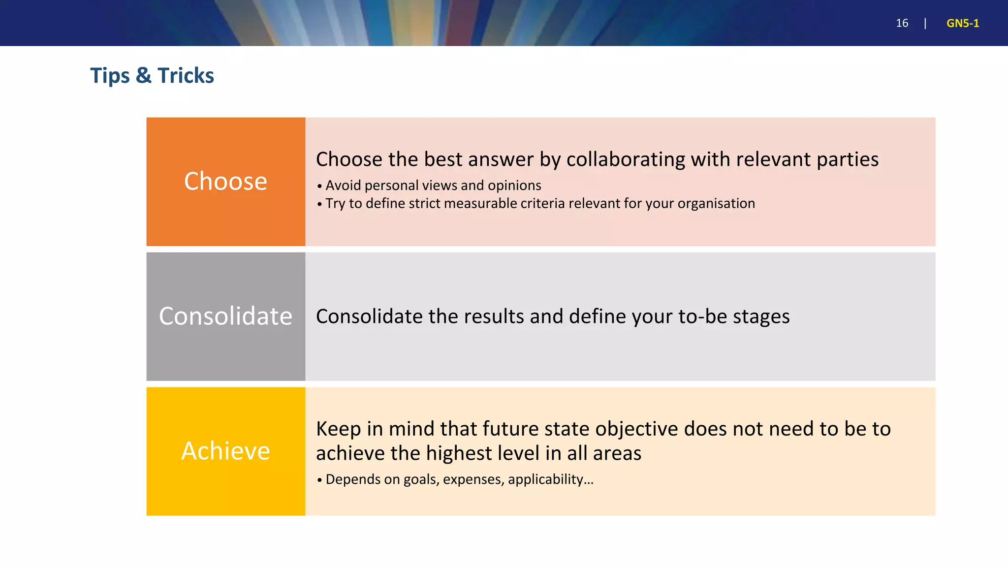 16 | GN5-1
Tips & Tricks
Choose the best answer by collaborating with relevant parties
• Avoid personal views and opinions
• Try to define strict measurable criteria relevant for your organisation
Choose
Consolidate the results and define your to-be stages
Consolidate
Keep in mind that future state objective does not need to be to
achieve the highest level in all areas
• Depends on goals, expenses, applicability…
Achieve
 