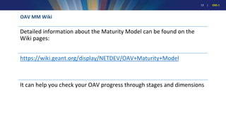 13 | GN5-1
OAV MM Wiki
Detailed information about the Maturity Model can be found on the
Wiki pages:
https://wiki.geant.org/display/NETDEV/OAV+Maturity+Model
It can help you check your OAV progress through stages and dimensions
 