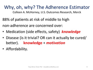 Why, oh, why? The Adherence Estimator  Colleen A. McHorney, U.S. Outcomes Research, Merck 88% of patients at risk of middle to high  non-adherence are concerned over: Medication (side effects, safety)  knowledge Disease (is it trivial? OR can it actually be cured/better).  knowledge   +  motivation Affordability.  Talya Miron Shatz PhD  [email_address] 