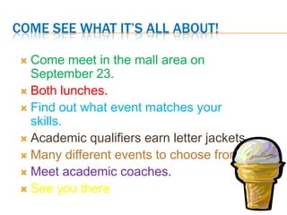 French Club officers for the 2011-2012 school year are as follows:  President -- Victoria o'Neill,   Vice-president--Marai Hayes,    Secretary-- Ashley Peebles,  Treasurer-- Monica Mendoza,  Historian--Jacob Cruz.  Congratulations to each of these capable students.   Our next meet will be this Thursday, September 22,  after school in A107.   We will have a work night to get ready for Light Up the Night.  All present and former French students are encouraged to attend.  Please feel free to bring a snack to share.   See YOU there!
