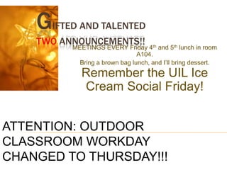 Important Thespian meeting this Wed., Sept. 21 at 4:05 in room B116.  We will discuss the Lock-In and bring your money and permission note.