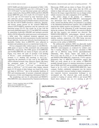 0.05 N NaOH and observation are presented in Table 1 [26].
Microwave-treated MWCNTs gave 10.2 Æ 0.82 mmol–1
/g and
4.22 Æ 0.55 mmol–1
/g total functional groups and carboxylic
groups, respectively, whereas HNO3:H2SO4 and H2O2:NH4OH
treated MWCNTs gave 18.5 Æ 0.20, 10 Æ 0.14 mmol–1
/g and
24 Æ 0.72 and 16 Æ 0.33 mmol–1
/g total functional groups
and carboxylic groups, respectively. The determination of
free acidic functional groups by Boehm titration is based on the
fact that the 0.05 N NaOH neutralizes carboxylic, phenolic-
and lactone groups present on the oxidized MWCNTS,
whereas 0.05 N NaHCO3 neutralizes only the carboxylic acid
functional group [25–27]. Our results are in line with the
previously published reports [25–27], but MWCNTs treatment
by ammonium hydroxide (NH4OH) and hydrogen peroxide
(H2O2) (50:50) followed by initial microwave oven treatment is
a debut study. This combined treatment approach may
drastically increase the total concentration of acidic functional
groups (phenolic, lactone and carboxylic functional groups) on
nanotubes. Further, these ox-MWCNTs were subjected to
acylation and amidation process as reported previously [13].
FA was conjugated either without spacer or with PEG-bis-
4000 amine as spacer to NH2 terminated and carboxylated
MWCNTs, respectively. The FTIR spectra of FA-MWCNTs
and FA-PEG-MWCNTs are shown in Figure 1(A) and (B).
Figure 1(A) shows the peak of aromatic C–H bending
at 832 cmÀ1
, esters unconjugated C ¼ O at 1243.2 cmÀ1
,
aromatic C ¼ C bending and stretching at 1637.2 cmÀ1
suggesting the attachment of folic acid to the MWCNTs,
which contained aromatic rings. However, Figure 1(B) shows
the prominent peaks at 3436.7 cmÀ1
, 2916.0 cmÀ1
,
1652.0 cmÀ1
, 1437.2 cmÀ1
, 1315.1 cmÀ1
, a strong and sharp
peak at 1025.0 cmÀ1
of C-O stretch ether linkage wherein
peak of C–O stretch of ether linkage was found to be strong
and sharp at 1025.0 cmÀ1
due to the polyether backbone of
PEG and remaining peaks of aromatic compounds indicated
the presence of folic acid (Supporting information Table S1).
The morphology and size of carboxylated and DOX/FA-
PEG-MWCNTs were characterized by Transmission Electron
Microscope (TEM) and are shown in Figure 2(A) and (B).
The TEM observations clearly depict that the CNTs are
tubular in shape with open ends and in nanometric size range.
Moreover the images suggest that there was no change in their
tubular structure even after conjugation of FA and PEG.
The surface charge of the pristine, oxÀ
, DOX/FA-
MWCNTs and DOX/FA-PEG-MWCNTs nanoconjugates
was determined from their electrophoresis mobility at
acidic, neutral and alkaline pH by zeta potential (z) according
to the Helmholtz-Smoluchowski equation. The ox-MWCNTs
depicted the slightly negative zeta potential (À10 mV), which
could be due to the generation of acidic functional groups
during the oxidation. The free COOH– was ionized at alkaline
pH and thus negative zeta potential was observed. The
DOX/FA-PEG-MWCNTs nanoconjugate showed positive
zeta potential of þ5.0, þ3.8 and þ4.8 at acidic, neutral and
alkaline medium, respectively [13]. PEG being non-ionic
could decrease the zeta potential of the formulations due to its
presence on the surface of MWCNTs.
The anthracycline antibiotic DOX was physically loaded
by simple mixing in DOX/FA-PEG-MWCNTs and DOX/FA-
MWCNTs nanoconjugates as evidenced by reddish color.
The % loading efficiency (% LE) was calculated in PBS
(pH 7.4) at 480.0 nm using UV/Vis spectrophotometer
(Shimadzu, 1601, Kyoto, Japan) and found to be
90.2 Æ 0.22 and 92 Æ 0.92 (n ¼ 3) for DOX/FA-MWCNTs
and DOX/FA-PEG-MWCNTs, respectively. UV/Vis spectro-
photometry data of MWCNTs formulations suggest that
DOX can easily adsorb on to the surface of MWCNTs
probably through strong p–p stacking interactions of quinine
part of DOX and CNTs and accordingly greatest loading was
found to be 92 Æ 0.92 in DOX/FA-PEG-MWCNTs nano-
conjugte. Further, endohedral entrapment into the interior
cavity of nanotubes structure leading to higher entrapment is
also expected, however measurement technique is not
investigated yet. The observed data could possibly be
ascribed to loading of cationic DOX in and around PEG
based micro domains also via p–p stacking at pH 7.4
Figure 1. Fourier transform infra-red (FTIR)
spectra of (A) FA-MWCNTs and
(B) FA-PEG-MWCNTs nano-conjugates.
DOI: 10.3109/1061186X.2013.813028 Development, characterization and cancer targeting potential 751
JournalofDrugTargetingDownloadedfrominformahealthcare.combyCopyrightClearanceCenteron09/11/13
Forpersonaluseonly.
 