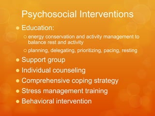 Sleep	
  Therapy
•  S-mulus	
  control	
  
–  go	
  to	
  bed	
  when	
  sleepy,	
  get	
  out	
  of	
  bed	
  a0er	
  20	
  
min	
  of	
  wakefulness	
  
–  Have	
  a	
  rou-ne	
  bed-me	
  and	
  rising	
  -me	
  
•  Sleep	
  restric-on	
  
–  avoidance	
  of	
  long	
  or	
  late	
  day	
  naps	
  
–  Limi-ng	
  total	
  -me	
  in	
  bed	
  
•  Sleep	
  hygiene	
  
–  caﬀeine	
  and	
  exercise	
  avoidance	
  near	
  bed-me	
  
–  comfortable	
  sleep	
  surroundings	
  (dark,	
  
relaxing…)	
  
–  soothing	
  ac-vi-es	
  at	
  bed-me	
  (music,	
  …)	
  
 